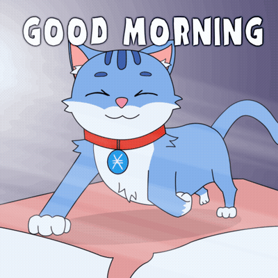 A Blue Cat With A Red Collar Is Laying On A Bed With The Words " Good Morning " Above It GIF