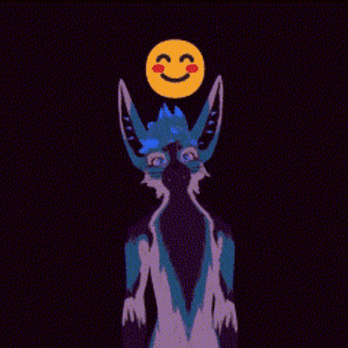 A Blue Cat With A Yellow Smiley Face On Its Head GIF