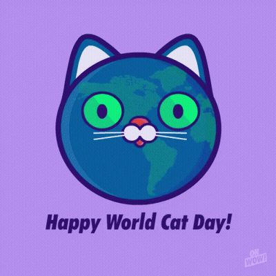A Blue Cat With Green Eyes And The Words Happy World Cat Day Below It GIF