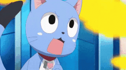 A Blue Cat With White Eyes And A Pink Heart On Its Chest GIF