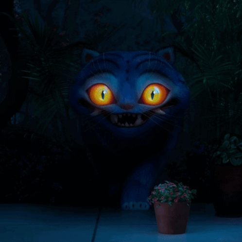 A Blue Cat With Yellow Eyes And Sharp Teeth Is Walking In The Dark GIF