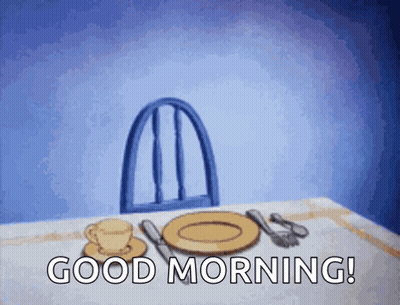 A Blue Chair Sits On A Table With Plates And Silverware And Says Good Morning GIF