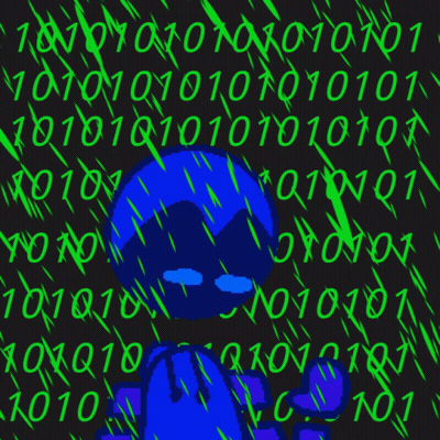 A Blue Character Is Surrounded By Green Numbers Including Ones And Zeros GIF