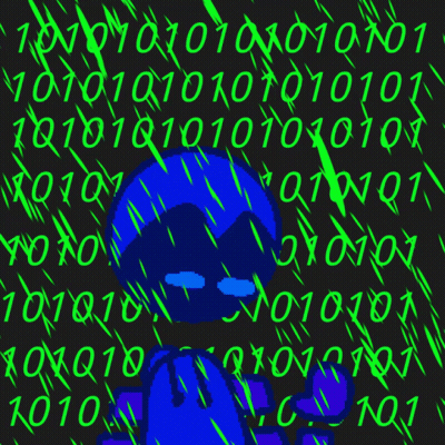 A Blue Character Is Surrounded By Green Numbers Including Ones And Zeros GIF