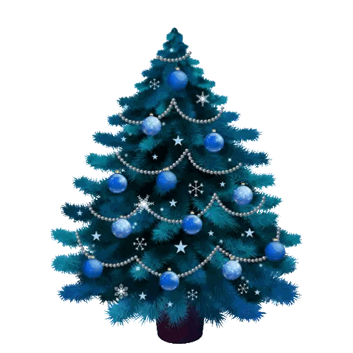 A Blue Christmas Tree With Blue Ornaments And A Robot Head Sticker