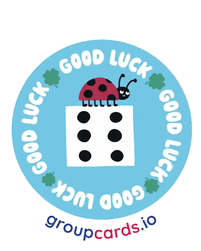 A Blue Circle With A Ladybug On A Dice And The Words Good Luck Groupcards.io Sticker