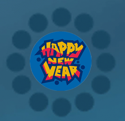 A Blue Circle With The Words Happy New Year Surrounded By Cat Faces GIF