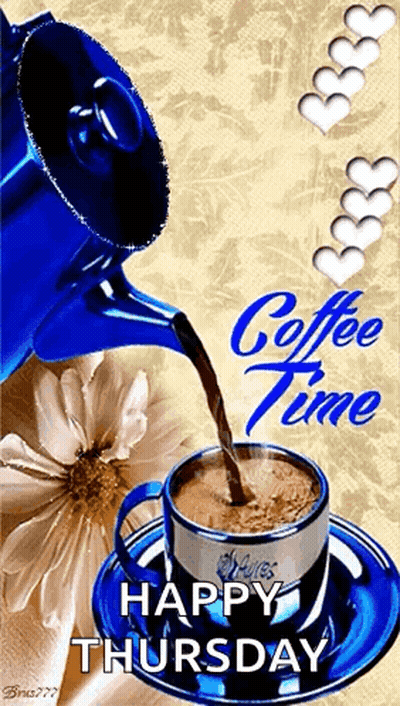 A Blue Coffee Pot Pouring Coffee Into A Cup On A Saucer GIF