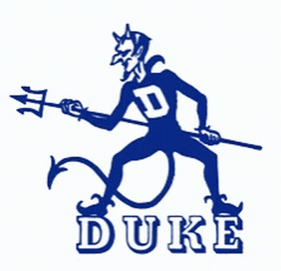 A Blue Devil With A Trident And The Word Duke On The Bottom GIF
