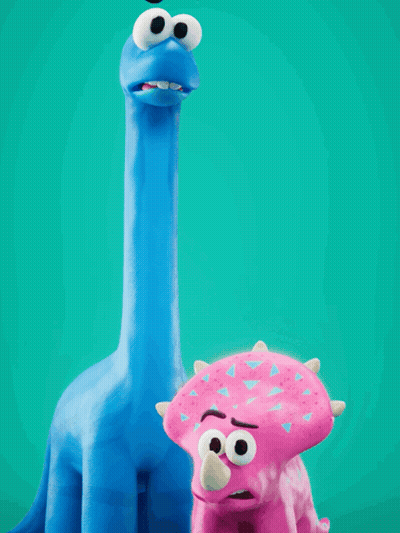 A Blue Dinosaur Is Standing Next To A Pink Triceratops GIF