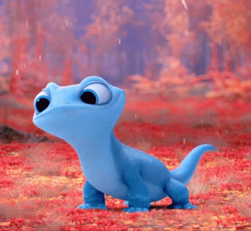 A Blue Dinosaur With A Long Neck Is Standing In A Field Of Red Leaves GIF