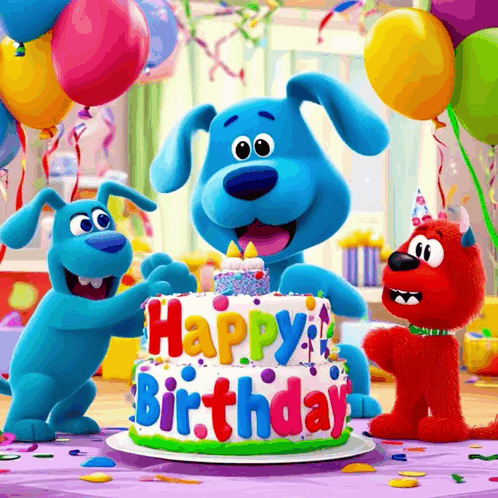 A Blue Dog And A Red Cat Are Standing Around A Birthday Cake That Says Happy Birthday GIF