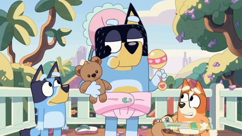A Blue Dog In A Diaper Holds A Teddy Bear GIF