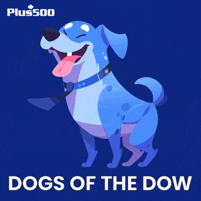 A Blue Dog With A Tie And The Words " Dogs Of The Dow " Below It GIF