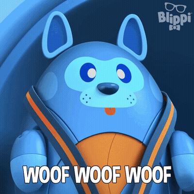 A Blue Dog With The Words Woof Woof Woof Written Below It GIF