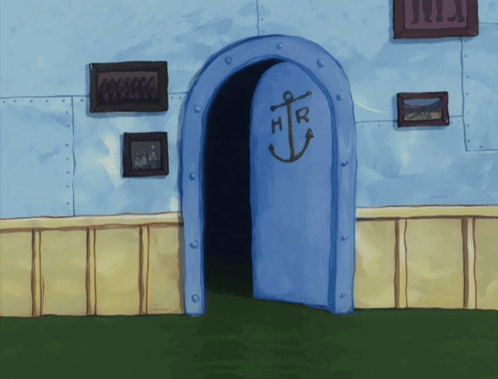 A Blue Door With A Spongebob Anchor On It GIF