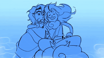 a blue drawing of a man and a woman sitting on a cloud