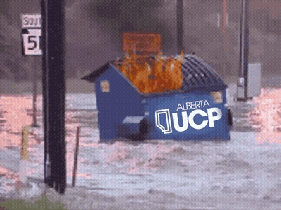 A Blue Dumpster With Alberta Ucp On It GIF
