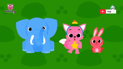 A Blue Elephant A Pink Cat And A Pink Rabbit Are On A Green Background With The Words Poop Poop Written Below Them GIF