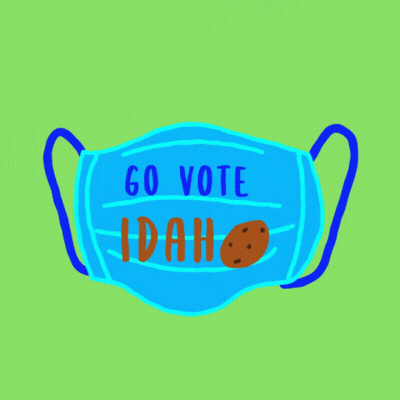 A Blue Face Mask With The Words Go Vote Idaho On It GIF