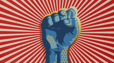 A Blue Fist With Stars On It Is Against A Red And White Background GIF