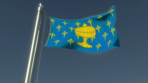 A Blue Flag With Yellow Crosses And A Golden Goblet On It GIF
