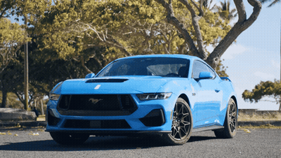 A Blue Ford Mustang Is Parked In Front Of A Tree GIF