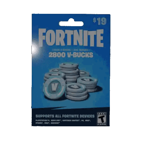 A Blue Fortnite Gift Card With A Stack Of V-Bucks Sticker