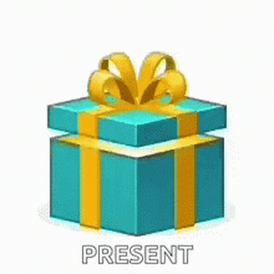 A Blue Gift Box With A Yellow Ribbon And Bow And The Word Present Written On It . GIF