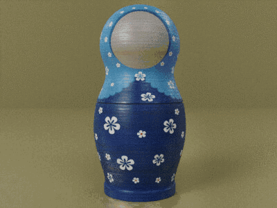 A Blue Green And Orange Russian Nesting Doll With White Flowers On Them GIF