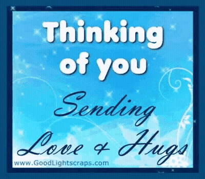 A Blue Greeting Card That Says Thinking Of You Sending Love And Hugs GIF