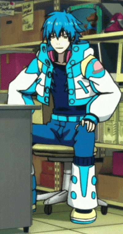 A Blue Haired Anime Character Is Sitting On A Chair With His Hands On His Hips GIF
