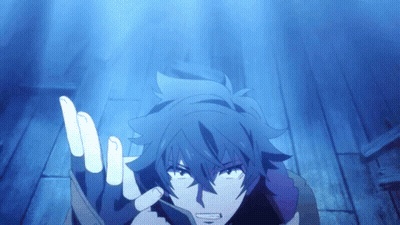 A Blue Haired Anime Character Is Standing In A Dark Room With His Hands Outstretched GIF