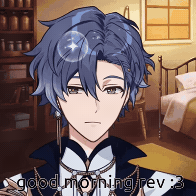 A Blue Haired Anime Character Says " Good Morning Rev 3 " GIF