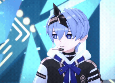 A Blue Haired Anime Character Wearing A Microphone GIF