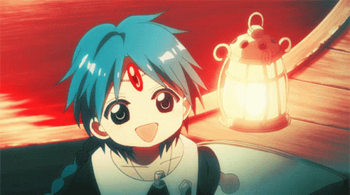 A Blue Haired Anime Character With A Red Circle On His Forehead Is Smiling Next To A Lantern GIF