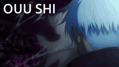A Blue Haired Anime Character With The Word Ouu Shi Written Above Him GIF
