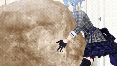 A Blue Haired Anime Girl In A Plaid Dress Reaches Out Towards A Pile Of Dirt GIF