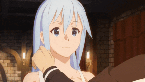 A Blue Haired Anime Girl Is Being Held By A Man GIF