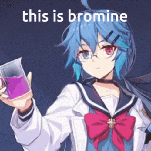 A Blue Haired Anime Girl Is Holding A Beaker With Purple Liquid In It And The Words " This Is Bromine " Behind Her GIF