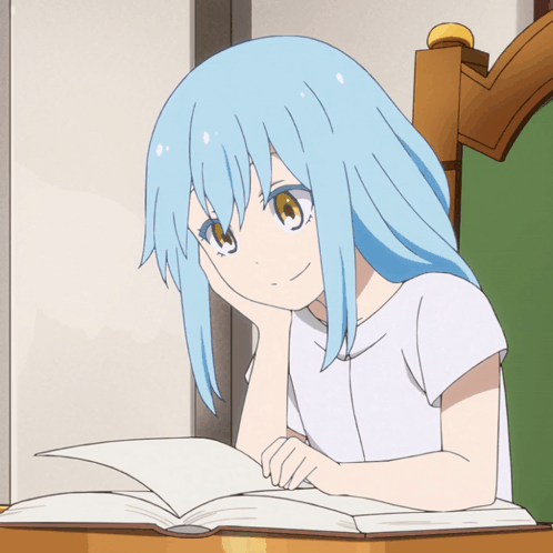 A Blue Haired Anime Girl Is Sitting At A Table Reading A Book GIF
