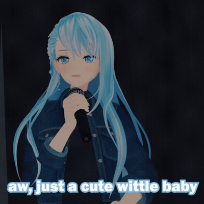 A Blue Haired Anime Girl Singing Into A Microphone With The Words Aw Just A Cute Wattle Baby Behind Her GIF