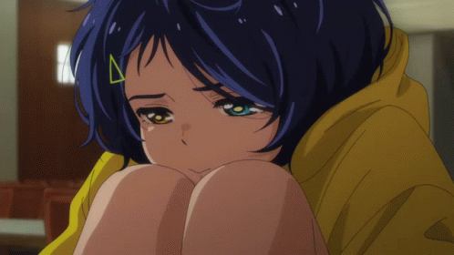 A Blue Haired Anime Girl With A Yellow Hoodie GIF