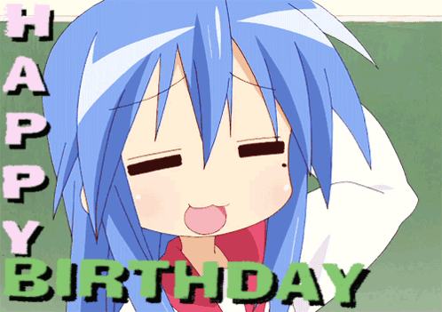 A Blue Haired Anime Girl With The Words Happy Birthday Behind Her GIF