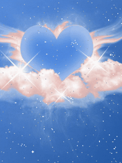 A Blue Heart Is Surrounded By Pink Clouds In The Sky GIF