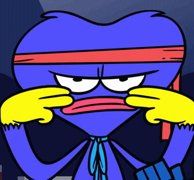 A Blue Heart With A Red Headband And Yellow Gloves Is Making A Funny Face GIF