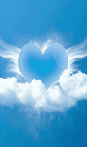 A Blue Heart With White Wings Floating In The Sky GIF