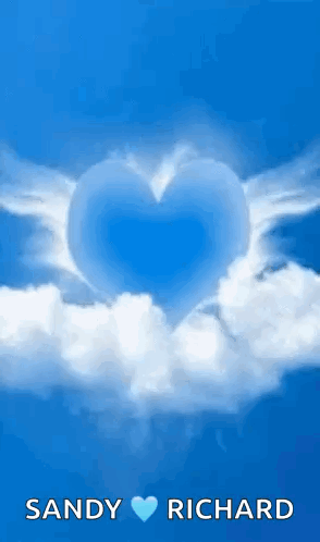 A Blue Heart With White Wings Is Surrounded By White Clouds In The Sky . GIF