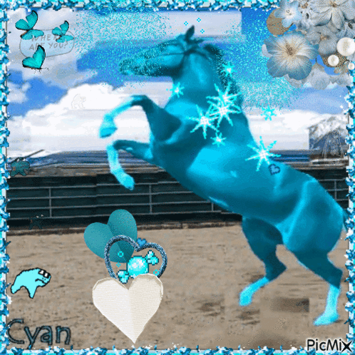 A Blue Horse Is Standing On Its Hind Legs In Front Of A Fence GIF