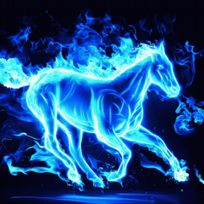 A Blue Horse Is Surrounded By Blue Flames On A Dark Background GIF